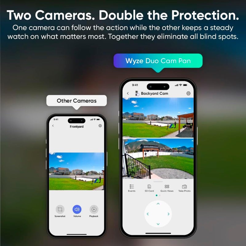 WYZE Duo Cam Pan Indoor/Outdoor IP65 2K 360° Pan/Tilt Smart Home Security Camera with Color Night Vision, Compatible with Alexa & Google Assistant, White - Image 2